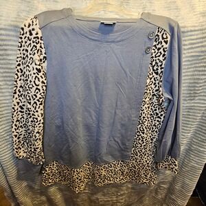 Wild Palms Blue Leopard Print Long Sleeve Sweatshirt Top Women's Size L